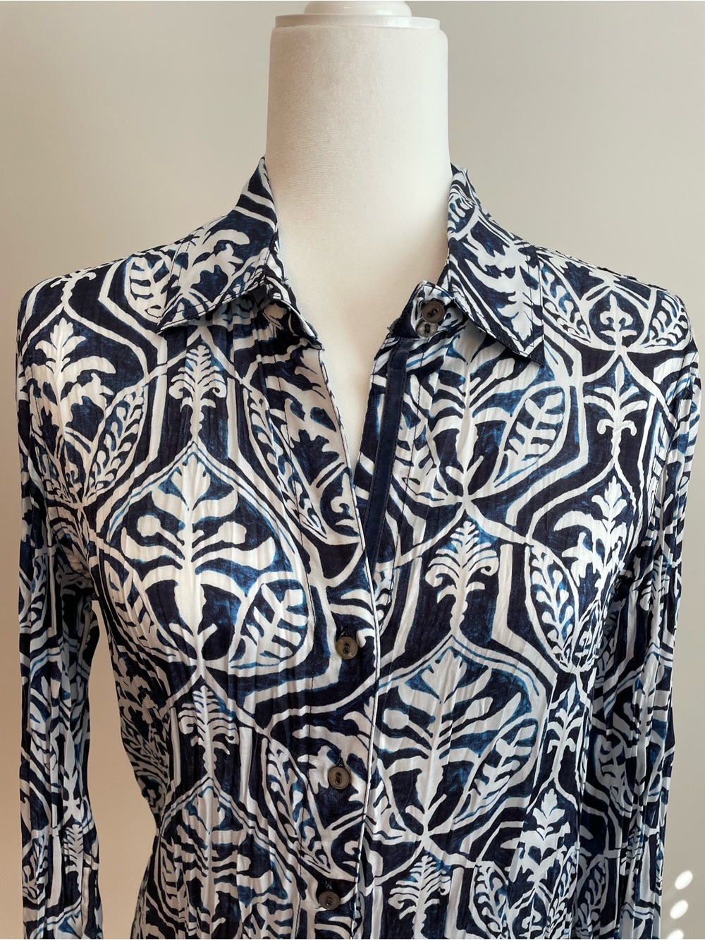 Women’s Navy & White Printed Button-Down Shirt - Classic Collared Top